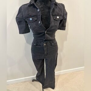 NWOT - PrettyLittleThing Washed Black Denim Flared Jumpsuit | Size 4